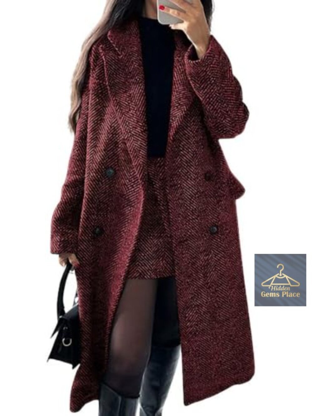 Women's Herringbone Wool Blend Double Breasted Notch Collar Pea Coat Long